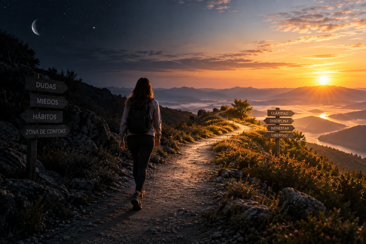 camino entre oscuridad y luz como símbolo de transformación espiritual